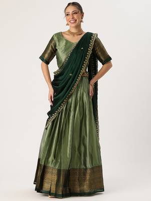 Beautiful South Indian Style Semi-Stitched Half Saree with Blouse and Rangoli Dupatta for Women 1