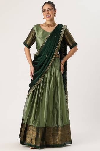 Beautiful South Indian Style Semi-Stitched Half Saree with Blouse and Rangoli Dupatta for Women