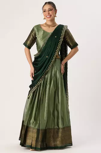 Beautiful South Indian Style Semi-Stitched Half Saree with Blouse and Rangoli Dupatta for Women