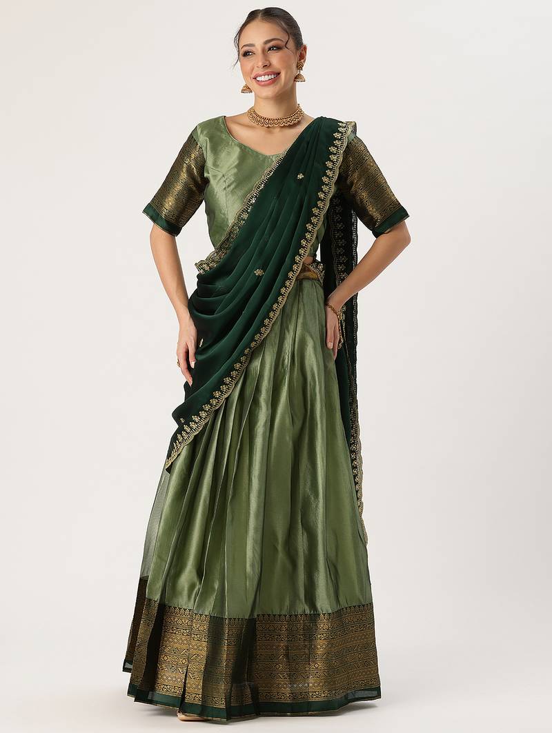 Beautiful South Indian Style Semi-Stitched Half Saree with Blouse and Rangoli Dupatta for Women