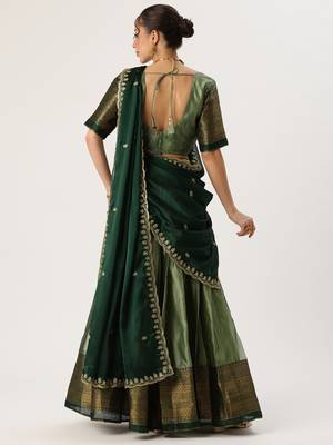 Beautiful South Indian Style Semi-Stitched Half Saree with Blouse and Rangoli Dupatta for Women 2