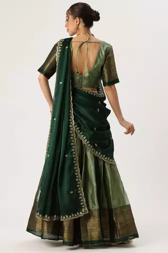 Beautiful South Indian Style Semi-Stitched Half Saree with Blouse and Rangoli Dupatta for Women