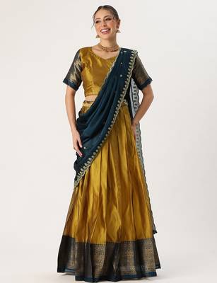 Beautiful South Indian Style Semi-Stitched Half Saree with Blouse and Rangoli Dupatta for Women 1