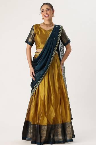 Beautiful South Indian Style Semi-Stitched Half Saree with Blouse and Rangoli Dupatta for Women