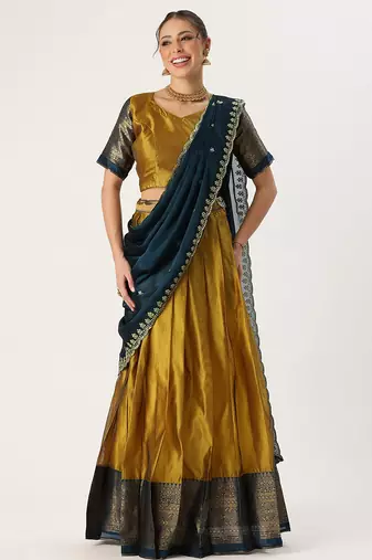 Beautiful South Indian Style Semi-Stitched Half Saree with Blouse and Rangoli Dupatta for Women