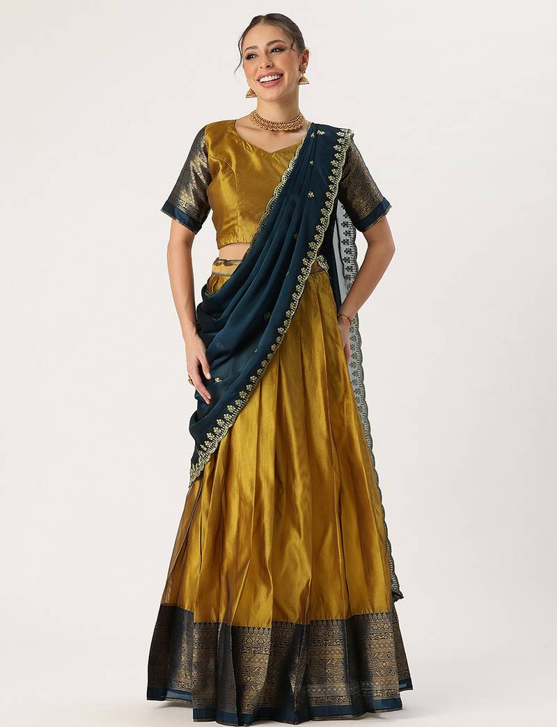 Beautiful South Indian Style Semi-Stitched Half Saree with Blouse and Rangoli Dupatta for Women