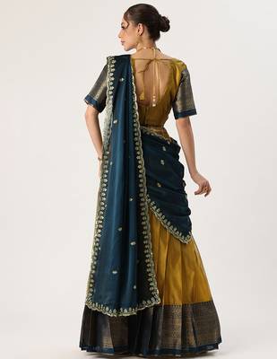 Beautiful South Indian Style Semi-Stitched Half Saree with Blouse and Rangoli Dupatta for Women 2