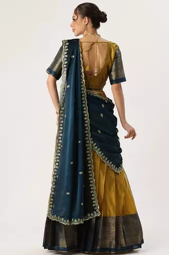 Beautiful South Indian Style Semi-Stitched Half Saree with Blouse and Rangoli Dupatta for Women