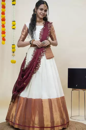 Beautiful South Indian Style Semi-Stitched Half Saree with Blouse and Rangoli Dupatta for Women