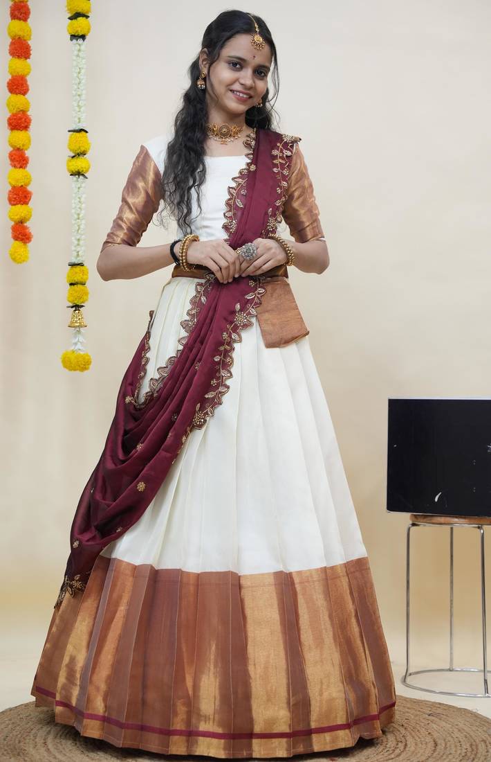 Beautiful South Indian Style Semi-Stitched Half Saree with Blouse and Rangoli Dupatta for Women