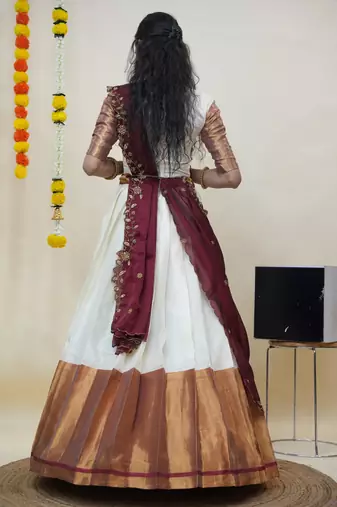 Beautiful South Indian Style Semi-Stitched Half Saree with Blouse and Rangoli Dupatta for Women