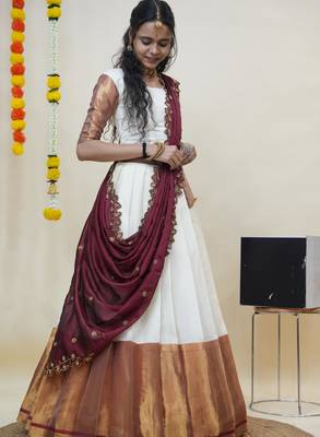 Beautiful South Indian Style Semi-Stitched Half Saree with Blouse and Rangoli Dupatta for Women 3