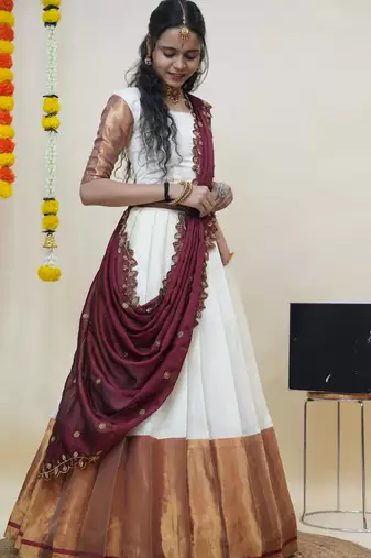 Beautiful South Indian Style Semi-Stitched Half Saree with Blouse and Rangoli Dupatta for Women
