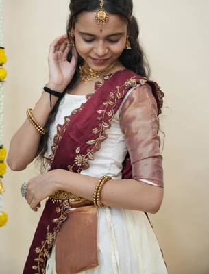 Beautiful South Indian Style Semi-Stitched Half Saree with Blouse and Rangoli Dupatta for Women 4