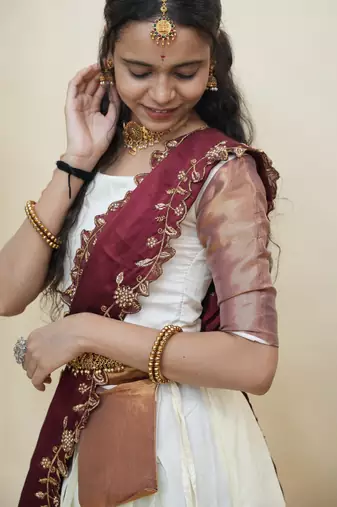 Beautiful South Indian Style Semi-Stitched Half Saree with Blouse and Rangoli Dupatta for Women