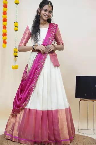 Beautiful South Indian Style Semi-Stitched Half Saree with Blouse and Rangoli Dupatta for Women
