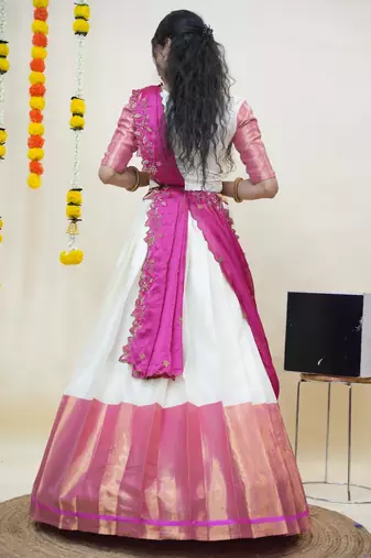 Beautiful South Indian Style Semi-Stitched Half Saree with Blouse and Rangoli Dupatta for Women