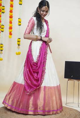 Beautiful South Indian Style Semi-Stitched Half Saree with Blouse and Rangoli Dupatta for Women 3