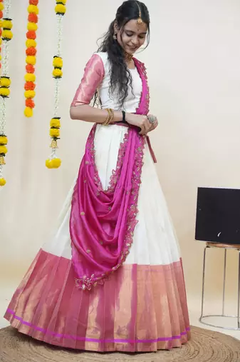 Beautiful South Indian Style Semi-Stitched Half Saree with Blouse and Rangoli Dupatta for Women