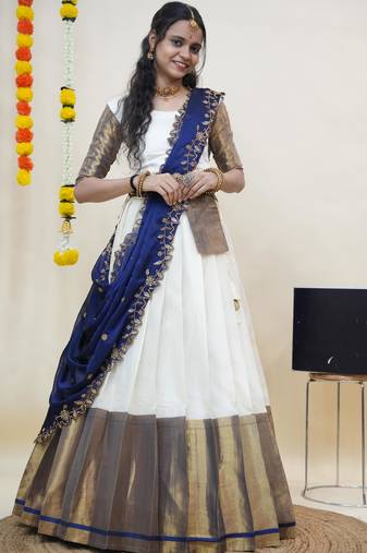 Beautiful South Indian Style Semi-Stitched Half Saree with Blouse and Rangoli Dupatta for Women