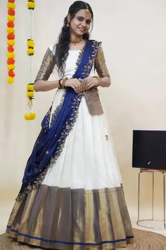 Beautiful South Indian Style Semi-Stitched Half Saree with Blouse and Rangoli Dupatta for Women