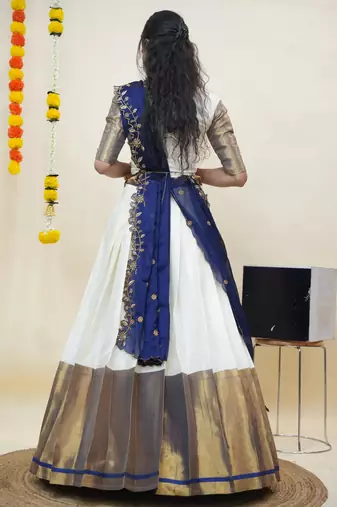 Beautiful South Indian Style Semi-Stitched Half Saree with Blouse and Rangoli Dupatta for Women