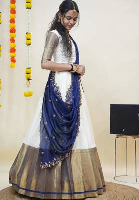 Beautiful South Indian Style Semi-Stitched Half Saree with Blouse and Rangoli Dupatta for Women 3
