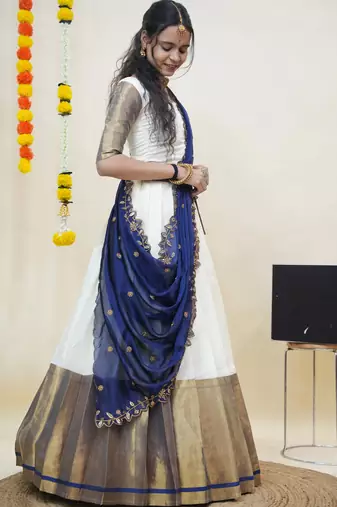 Beautiful South Indian Style Semi-Stitched Half Saree with Blouse and Rangoli Dupatta for Women
