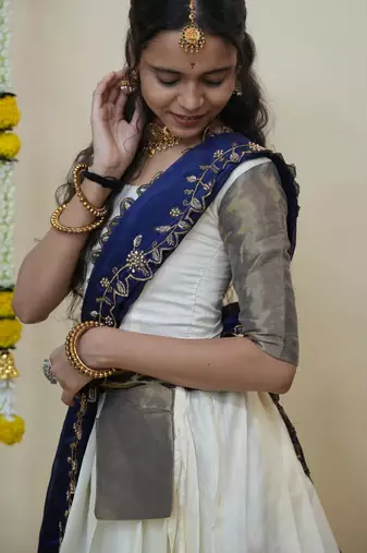 Beautiful South Indian Style Semi-Stitched Half Saree with Blouse and Rangoli Dupatta for Women