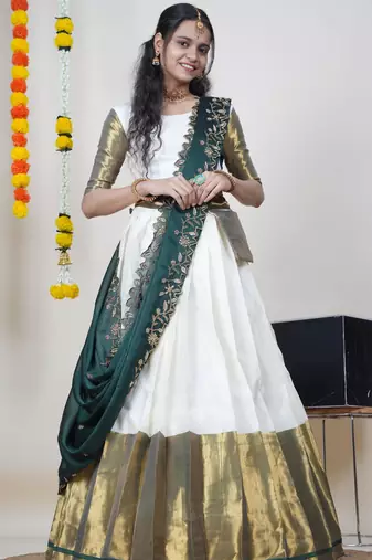 Beautiful South Indian Style Semi-Stitched Half Saree with Blouse and Rangoli Dupatta for Women