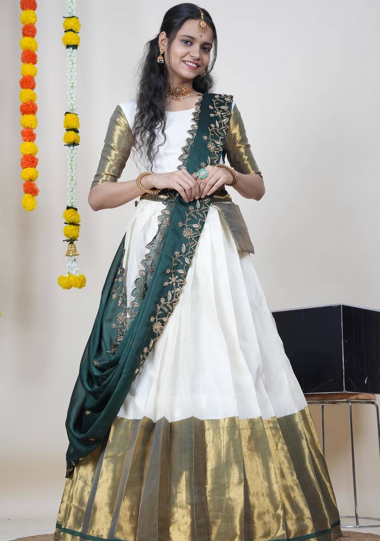 Beautiful South Indian Style Semi-Stitched Half Saree with Blouse and Rangoli Dupatta for Women