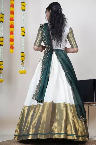 Beautiful South Indian Style Semi-Stitched Half Saree with Blouse and Rangoli Dupatta for Women