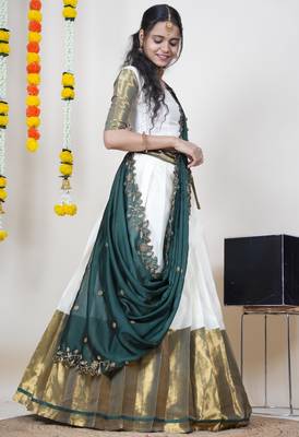 Beautiful South Indian Style Semi-Stitched Half Saree with Blouse and Rangoli Dupatta for Women 3