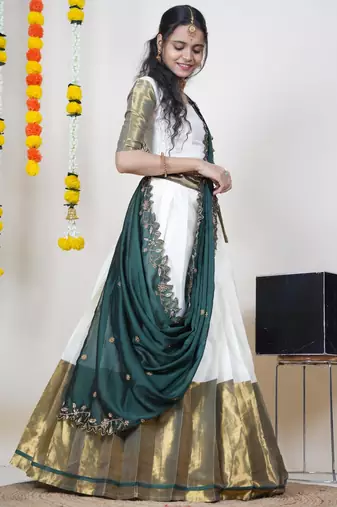 Beautiful South Indian Style Semi-Stitched Half Saree with Blouse and Rangoli Dupatta for Women