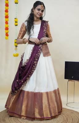 Beautiful South Indian Style Semi-Stitched Half Saree with Blouse and Rangoli Dupatta for Women 4