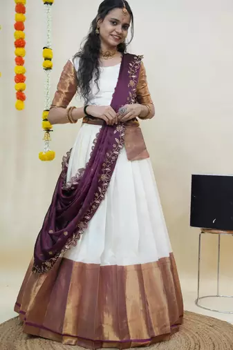 Beautiful South Indian Style Semi-Stitched Half Saree with Blouse and Rangoli Dupatta for Women