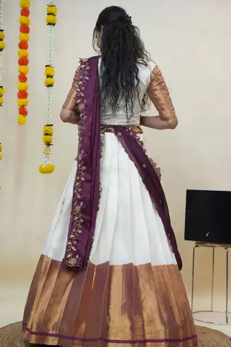 Beautiful South Indian Style Semi-Stitched Half Saree with Blouse and Rangoli Dupatta for Women