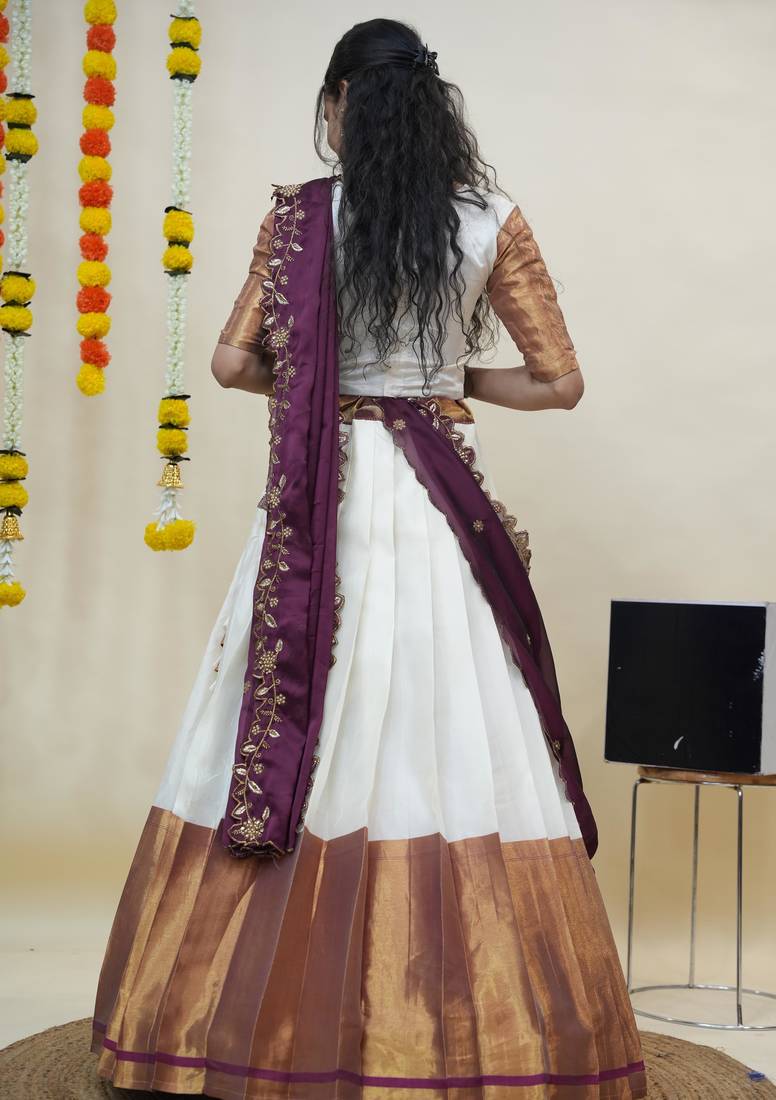 Beautiful South Indian Style Semi-Stitched Half Saree with Blouse and Rangoli Dupatta for Women