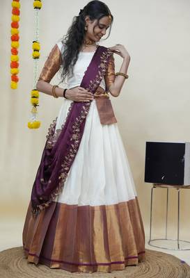 Beautiful South Indian Style Semi-Stitched Half Saree with Blouse and Rangoli Dupatta for Women 1