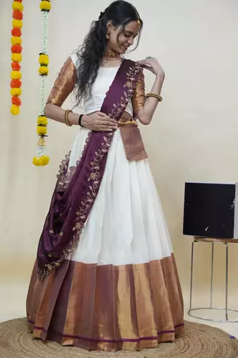 Beautiful South Indian Style Semi-Stitched Half Saree with Blouse and Rangoli Dupatta for Women