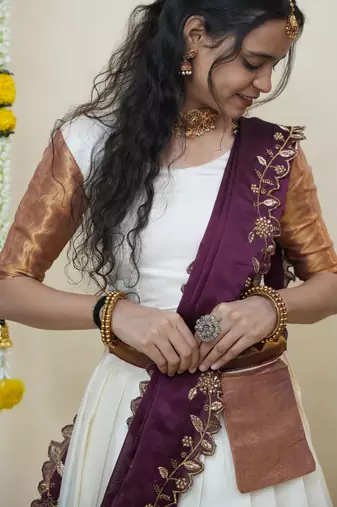 Beautiful South Indian Style Semi-Stitched Half Saree with Blouse and Rangoli Dupatta for Women