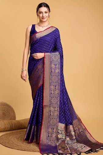 blue silk blend printed saree with blouse