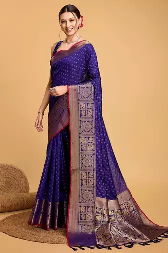 blue silk blend printed saree with blouse