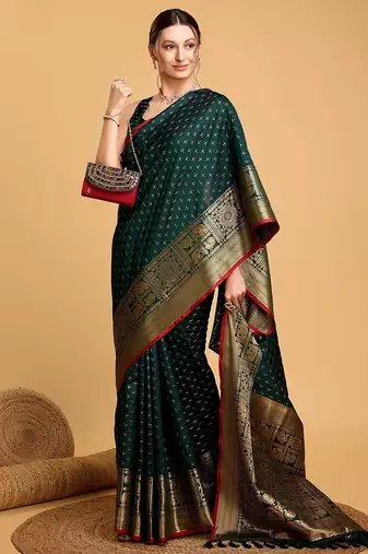 green silk blend printed saree with blouse