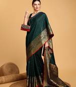 green silk blend printed saree with blouse