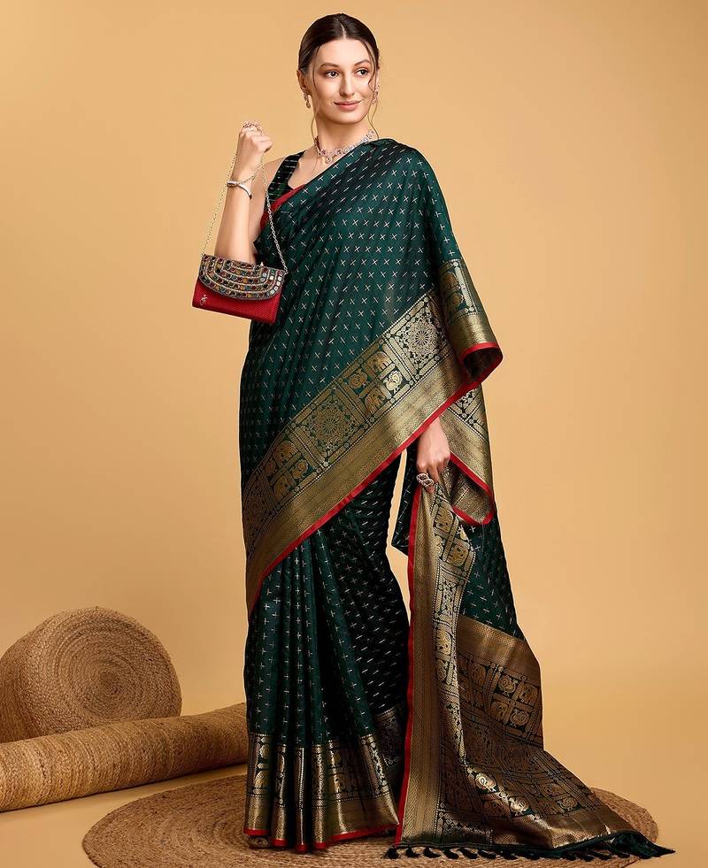green silk blend printed saree with blouse