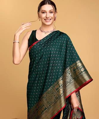 green silk blend printed saree with blouse 2