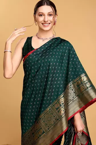 green silk blend printed saree with blouse