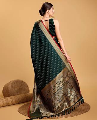 green silk blend printed saree with blouse 3