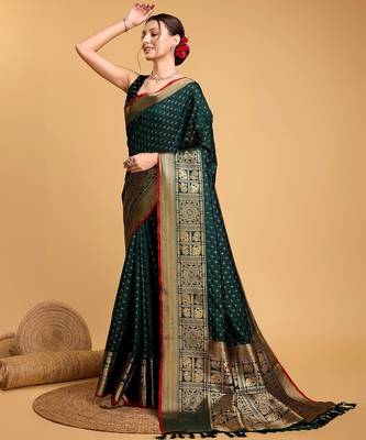 green silk blend printed saree with blouse 5